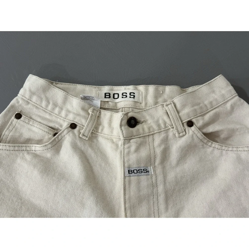 Vintage Boss Mens‎ Beige Denim Jean Shorts Embroidered Logo Size 30